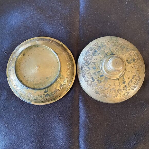 Vintage Solid Brass Etched Floral Design Lidded Bowl. Altar. Decor. India. - Picture 2 of 8